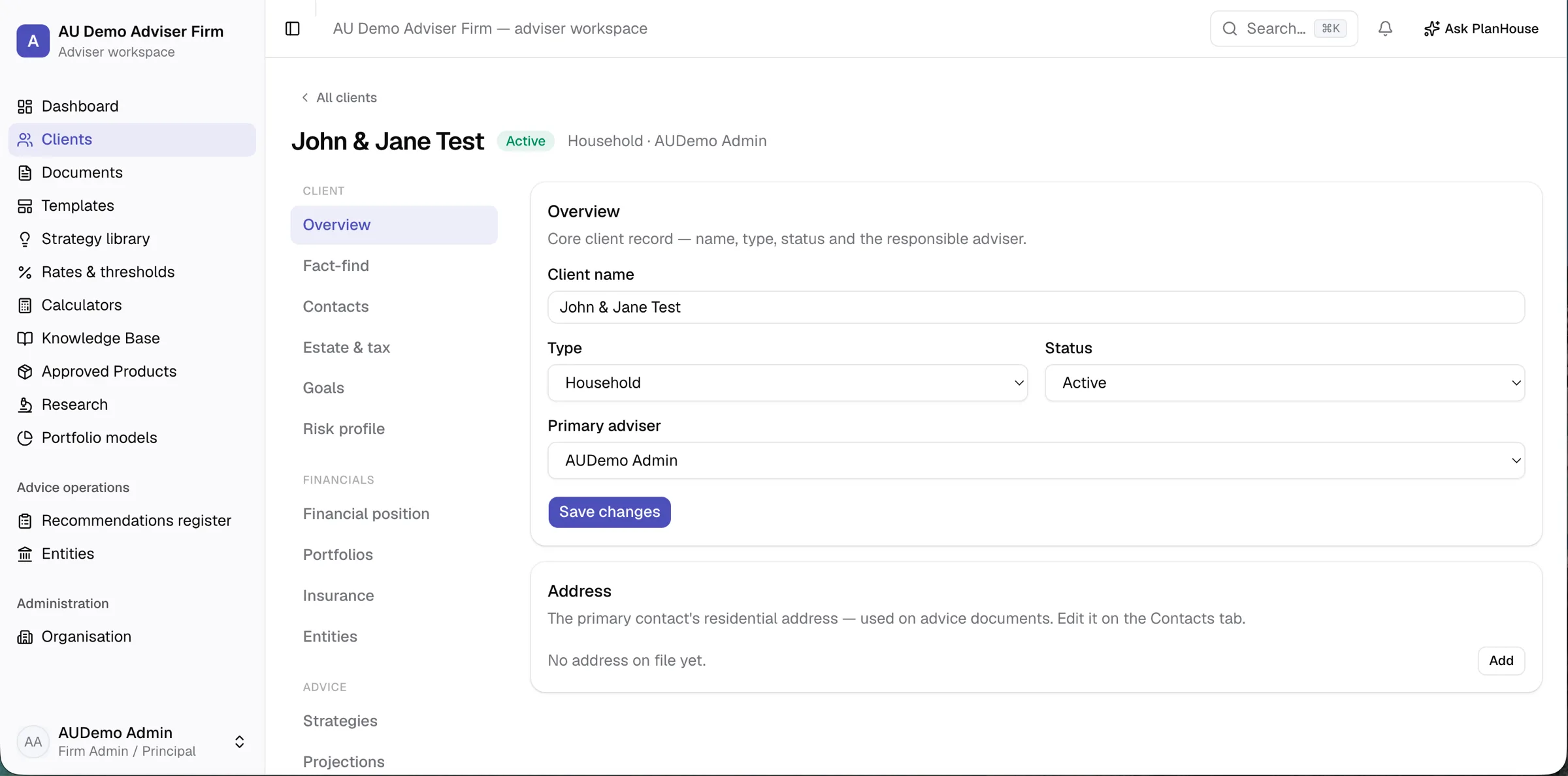 A client record in PlanHouse — the left-hand section nav (overview, fact-find, contacts, estate & tax, goals, risk profile, financials, portfolios, strategies, projections) beside the client overview.