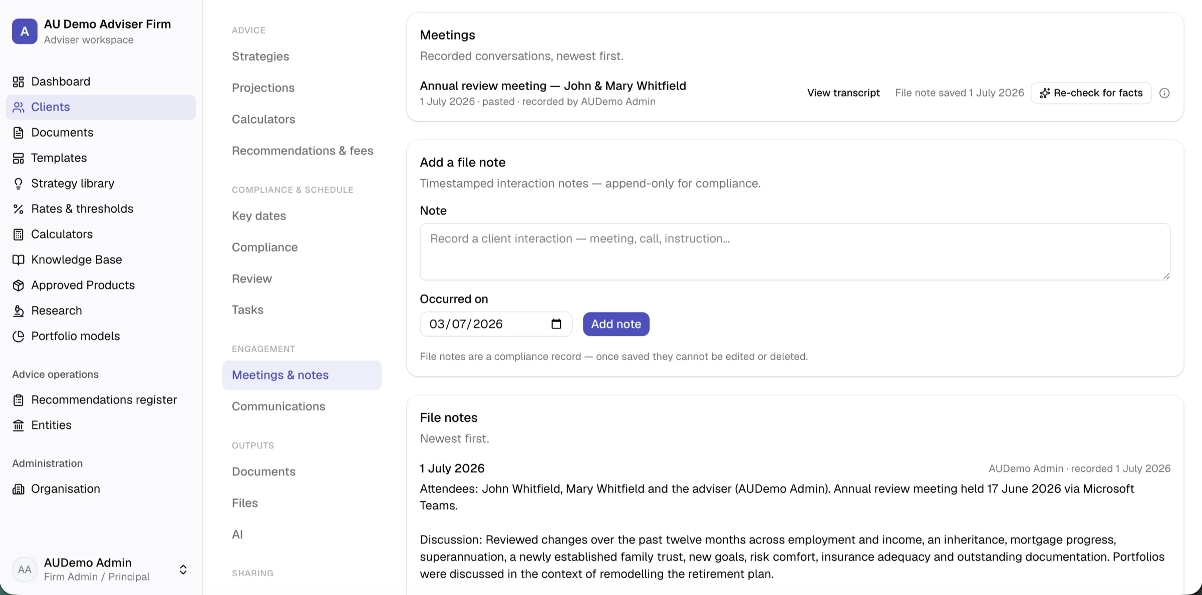 PlanHouse meetings and notes — a recorded conversation with a saved AI file note, a 'Re-check for facts' action, and an append-only file-note history.